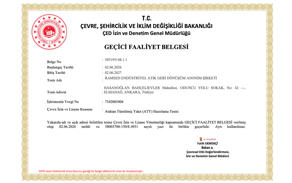 Atıktan Türetilmiş Yakıt ATY Hazırlama Tesisi İzin Belgesi