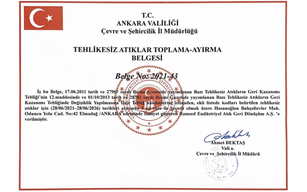 Tehlikesiz Atıklar Toplama ve Ayırma İzin Belgesi