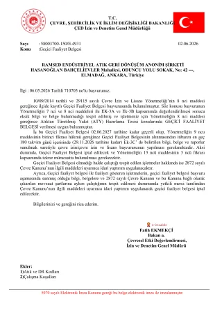 Atıktan Türetilmiş Yakıt (ATY) Hazırlama Tesisi İzin Belgesi